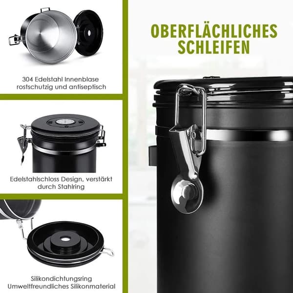 Kaffebeholder, forseglede kaffebønner, rustfrit stål black