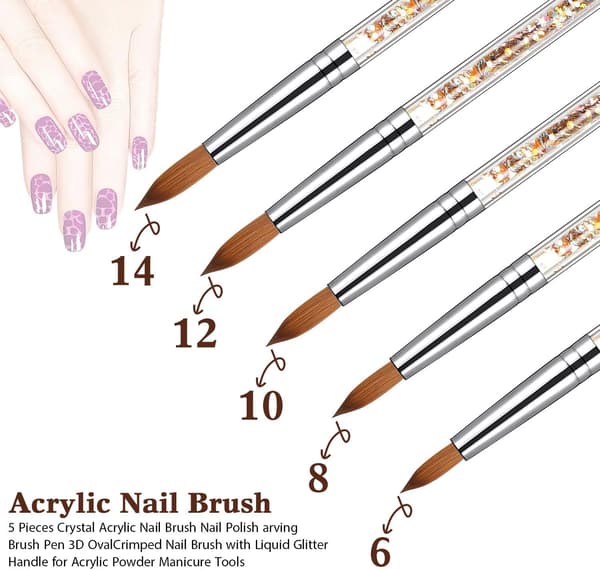 (Gold) 5-pack Acrylic Nail Brushes Different Sizes Round Acrylic