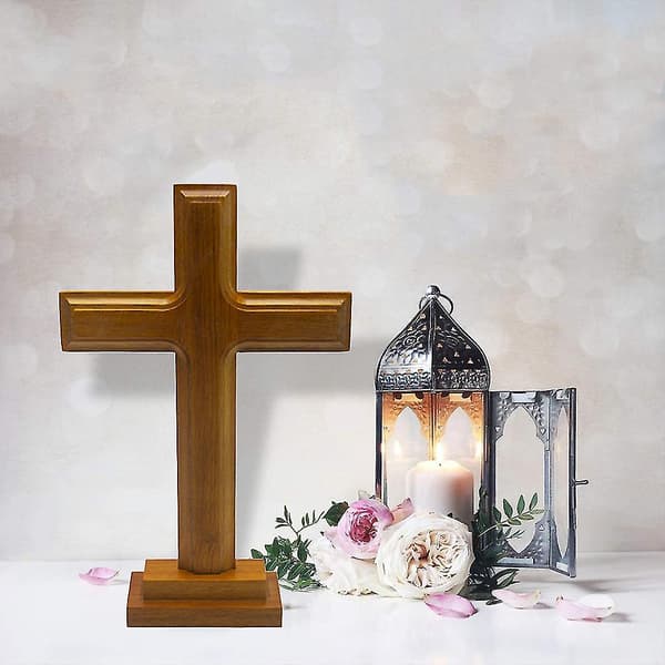Wooden Standing Cross Decoration Altar Cross with Stand Double-Sided Table Cross Gift