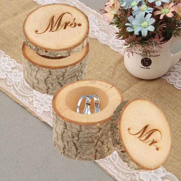 Par træbryllupsringæsker (diameter 6 cm, MRS, MR), med ringæsker til opbevaring under bryllup og Valentinsdag