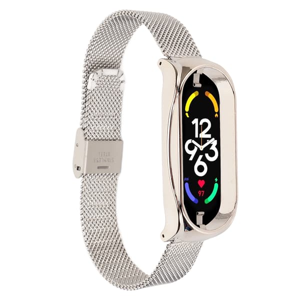 Rustfrit stål armbånd, moderigtigt, åndbart, fleksibelt erstatningsbånd, tilbehør der passer til Mi Band 7 Sølv