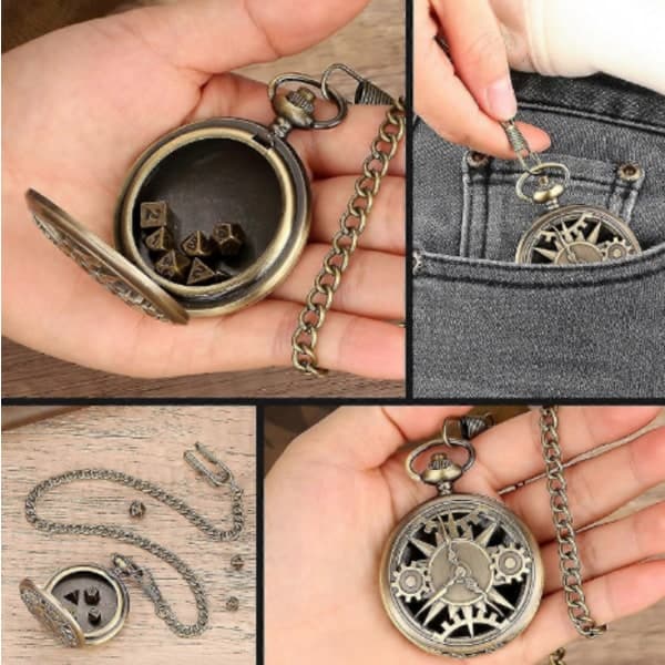 Mini DND Dice Set med Steampunk Brons Ihålig Fickurslåda, 7-delars Polyedriskt Metalltärningsset, Dungeons & Dragons Presentutrustning