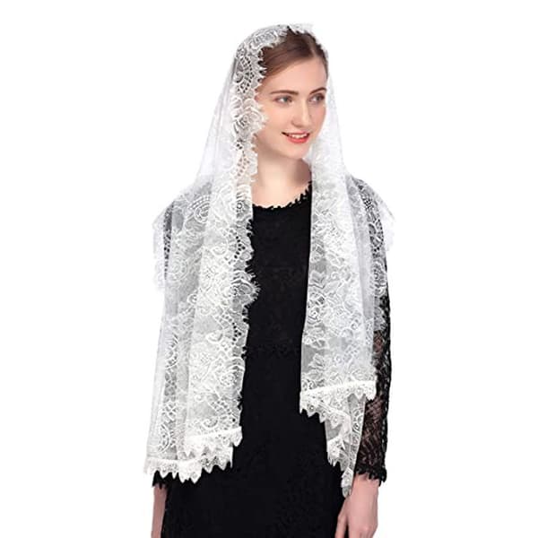 (vit) Katolsk kapellslør spansk blomstret blonde mantilla slør sjal messehodeplagg rektangulær form