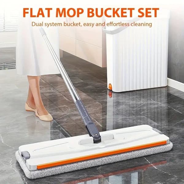 Mopping- og spandsæt med roterende fladmoppe – Våd- og tørrengøring, 4 vaskbare mikrofiberklude, lang moppe
