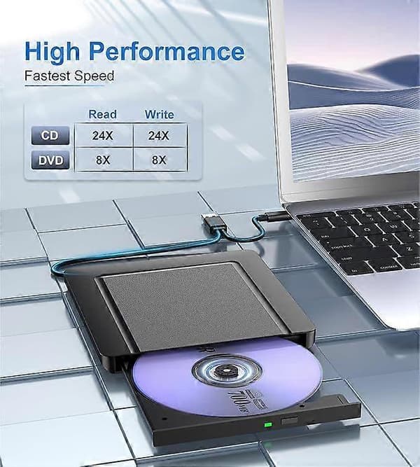 Ekstern CD DVD-drev, Ultra-slank CD DVD-brænder Eksternt drev med USB 3.0 og USB-C, Bærbart CD/DVD/-RW/ROM-drev til PC/Laptop/Windows 11/10/8/7/X