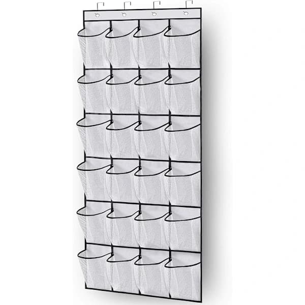 Over the Door Shoe Storage with 24 Large Mesh Pockets, Foldable Hanging Organizer for Closet Bathroom White White