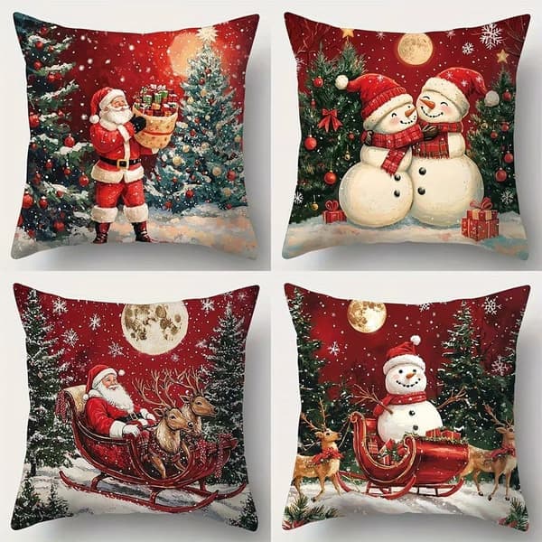 4-pack Jul Kuddfodral – Tomte & Snögubbe, Vintage Geometriska Mönster, Polyester med Dragkedja-FF-