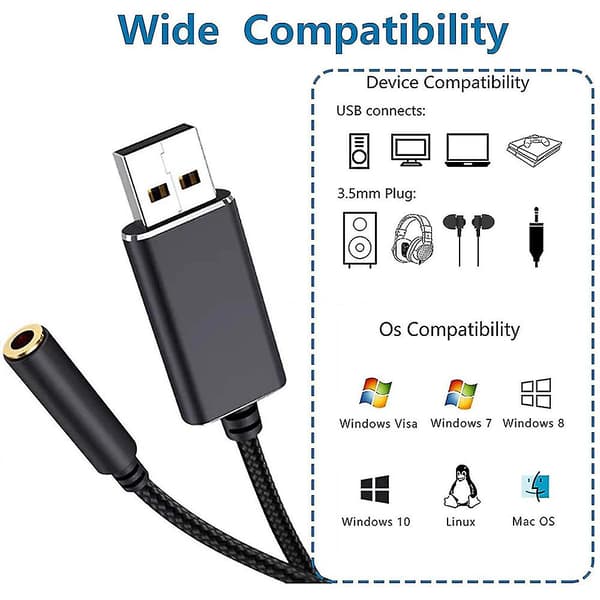 USB-lydadapter til 3,5 mm lydstikforbindelse Eksternt lydkort Lydforbindelse Hovedtelefoner Pc