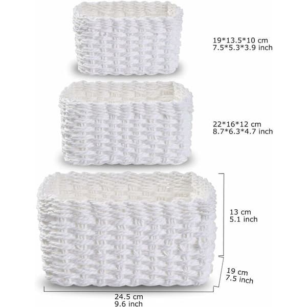 Set of 3 Woven Storage Baskets for Makeup, Bathroom, Changing Table, Small Storage Box (White)