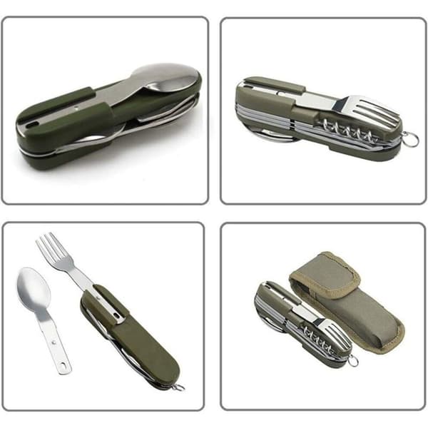 Stainless Steel Foldable Cutlery Set for Outdoor Camping - 7-in-1 Multi-tool, Detachable -
