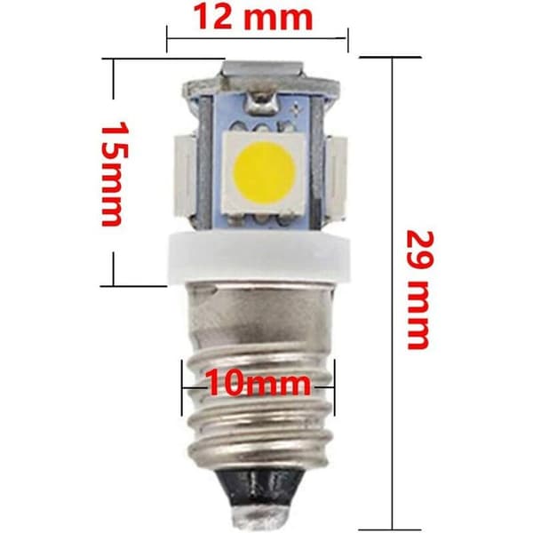 E10 9V LED-pærer koldhvid 5SMD 0,5W (koldhvid, 9V) 10-pak