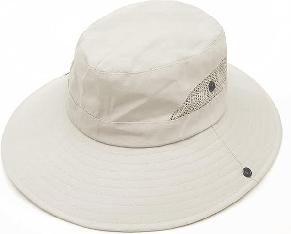 Solhat til kvinder med bred skygge og hestehalehul, foldbar ventilerende netpolyester med justerbare snore til strandvandring, beige 56-60 cm