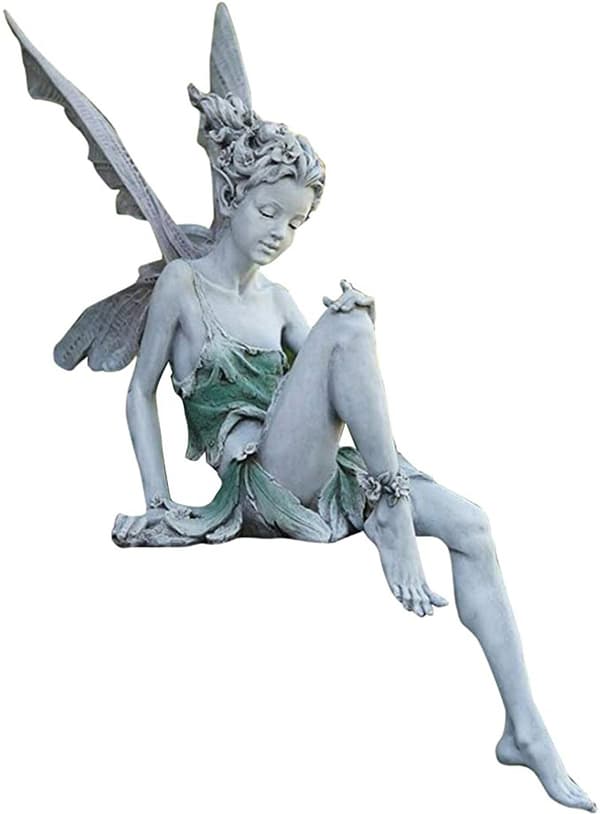 1 stk frittstående sittende fe-statue blomst