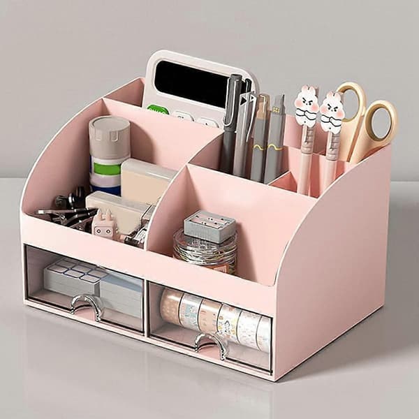 Desktop Organizer - Office Organizer with 6 Compartments and 2 Small Drawers, Desktop Storage Box for Pen H