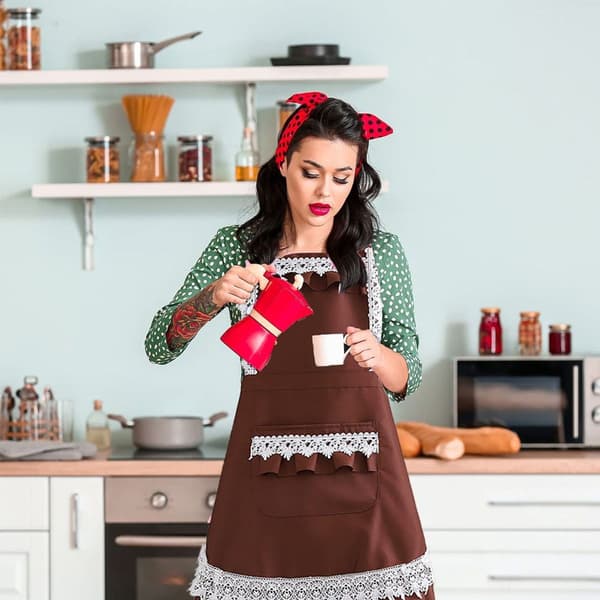 Women's Ruffle Apron Contour Pockets Kitchen Cooking Cleaning Coffee Apron