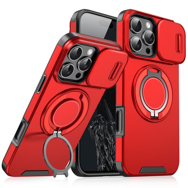 Magnetisk ringstativ-cover til iPhone 15 Pro Max med skydbart linsebeskyttelse, orange