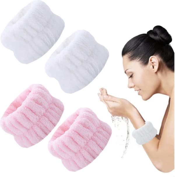 Håndledsbetræk - Ansigtsvask - Håndklædearmbånd til ansigtsvask - Blødt - Mikrofiber - 4 dele (2 par) - hvid - pink