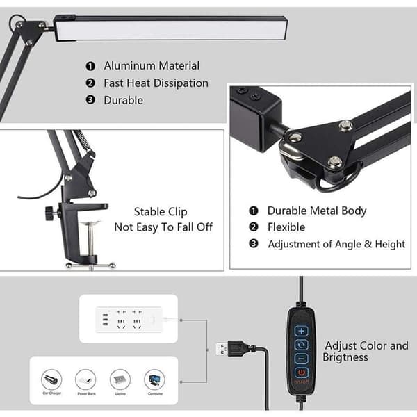Dimmable LED Desk Lamp with Clamp, 3 Color Modes, Swing Arm Lamp
