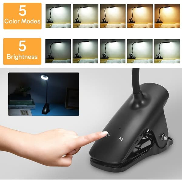 Bedside Clamp Reading Lamp, 36 LED Clip Light, USB Rechargeable Book Light with 5 Color Temperatures, Touch Control