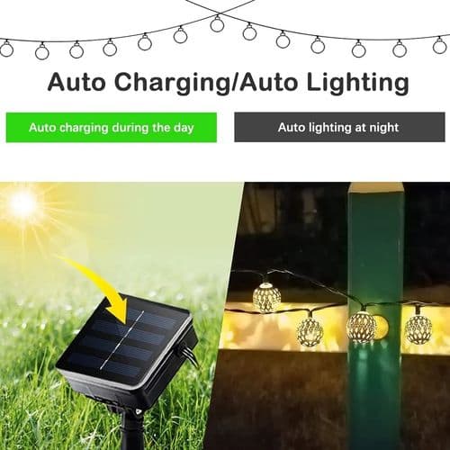 Moroccan LED String Lights - 7 meters, Solar Powered, 50 LED Bulbs, Warm White,