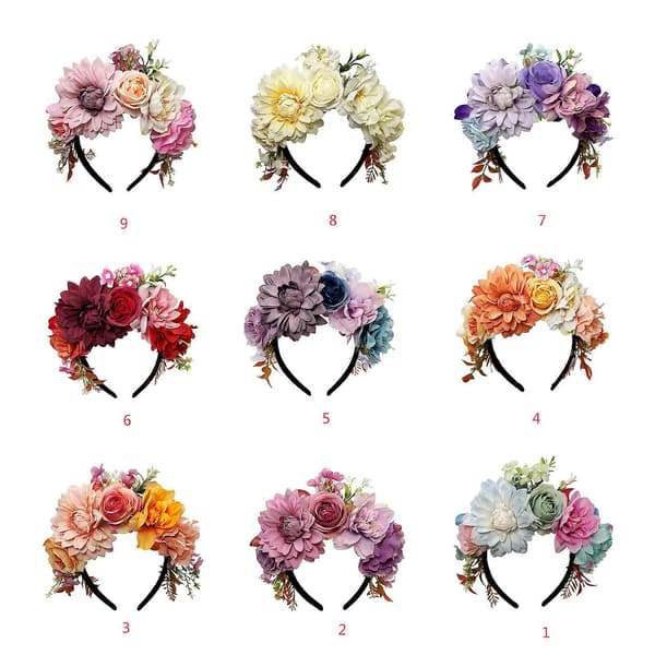 Bløde stofblomsterhårbånd til kvinder, justerbart hårbånd med realistiske blomster, velegnet til fotografering, begivenheder, bryllup 9-FX-9