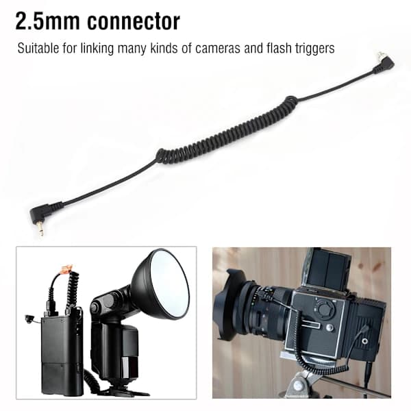 2.5mm Male Flash PC Sync Cable with Screw Lock, Extended Coiled Cable