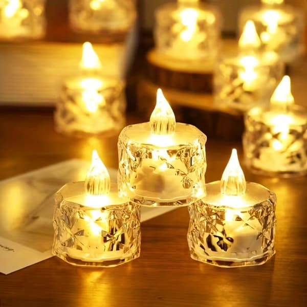 24-pack Crystal Diamond Pattern Simulated LED Tea Lights, Flameless Safe Electronic Candles