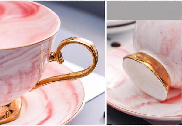 Marmor Keramisk Kopp och Fat Set Kamelia Mönstrad Benporslin Kaffemugg Tekopp Guld Kant med Kaffekopp, 200ml (Rosa)