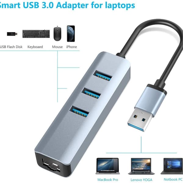 USB 3.0 til Ethernet-adapter, 3-ports USB 3.0-hub med RJ45