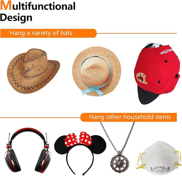 10 Pieces - Hat Hooks - Wall Mounted Hat Racks - Baseball Cap Wall Mounts - Easy Installation - No Drilling - Cap Holders - Black