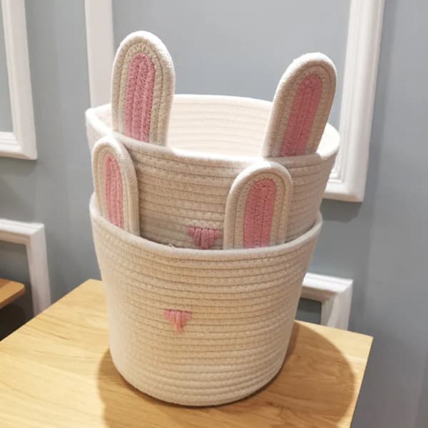 Cotton Rope Easter Bunny Basket for Kids, Egg Hunt, Candy, Snacks, and Cosmetics 24 x 26 cm