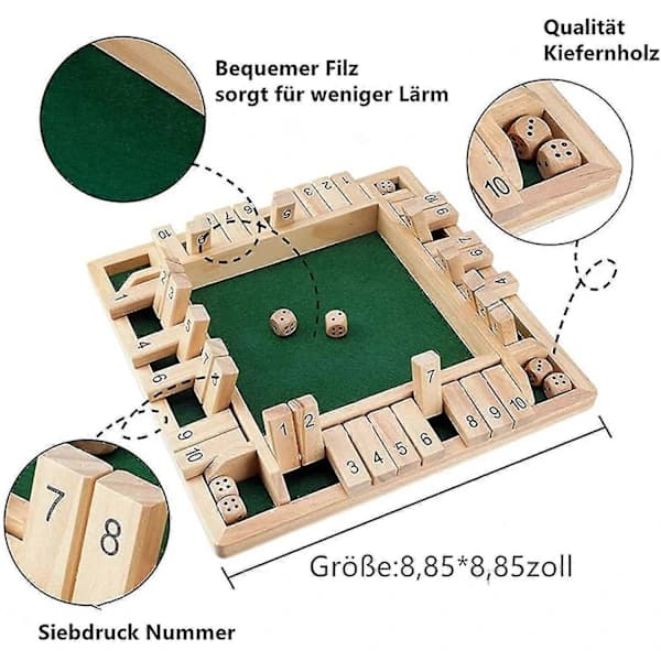 {PL} Shut The Box Terningespil - Træbrætspil til 4 spillere, traditionelt pub matematikspil