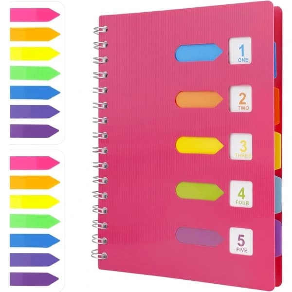 NA/A5 Spiral Notebook with 2 Index Tabs, Spiral Bound Notebook with 5 Colored Dividers, A5 Notepad, Journal with Cover (Pink)