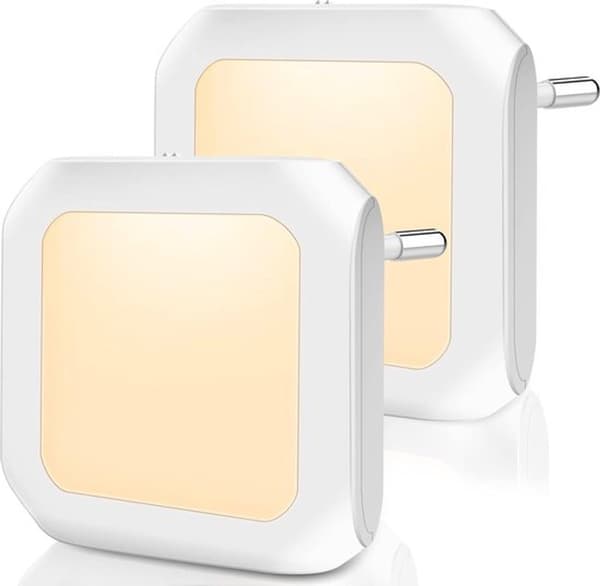 Plug-in LED Night Light 2-pack with Dusk Sensor, Dimmable Warm White Light, for Nursery, Bedroom, Hallway, White