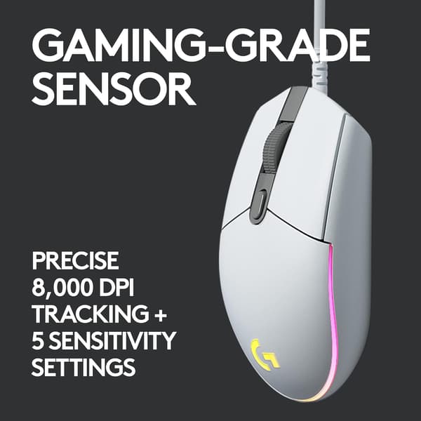 Spelmus med RGB-belysning, 6 programmerbara knappar, sensor i spelklass, 6K DPI-spårning, lätt vit white