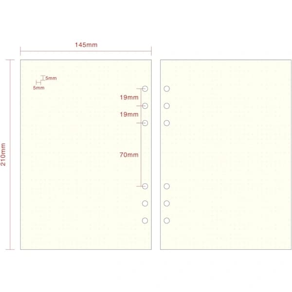 A5 6-hulls ringperm/planlegger refillpapir for Filofax, 6 hull, 45 ark/90 sider, prikket