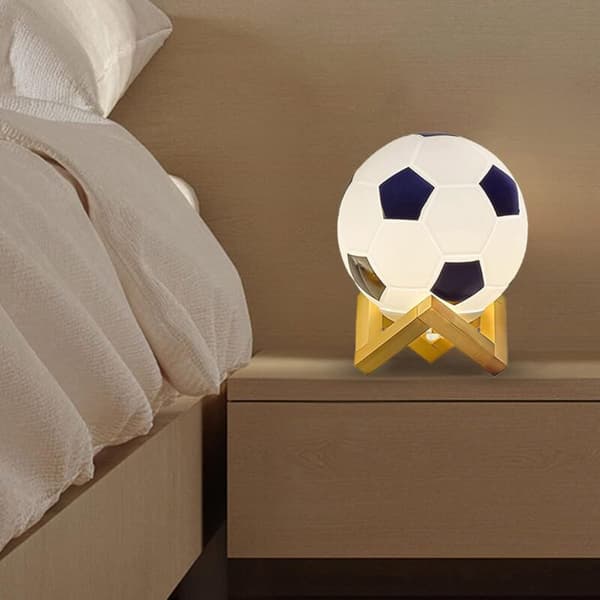 3D Football Lamp, Adjustable Brightness LED Night Light, USB Powered, Warm Light, Small Table Lamp, Solid Wood Base for Bedside Decoration, Hollow Base