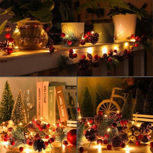 LED Christmas Garland: Festive String Lights with Pine Cones and Berries