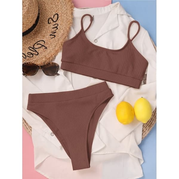Kvinner Høy Midje Ribbet Cami Bikini Sett Kaffe M-US8 Brun M