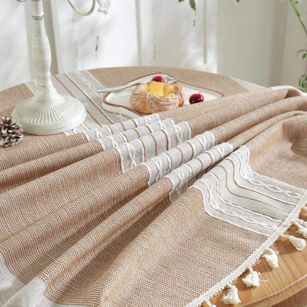 Round Tablecloth, Wrinkle-Resistant Polyester, with Tassels, Decorative, Brown, 140 cm Diameter.