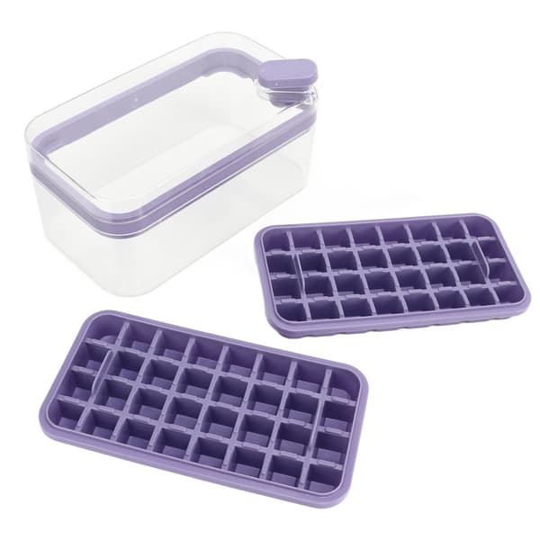 Ice Cube Tray 32 Compartments Double Layer Easy Release Ice Maker Mold with Container Lid for Cocktail Whiskey Coffee Purple