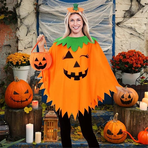 3-delt Halloween-græskarkostume til kvinder med poncho, pandebånd og taske, perfekt til udklædningsfester