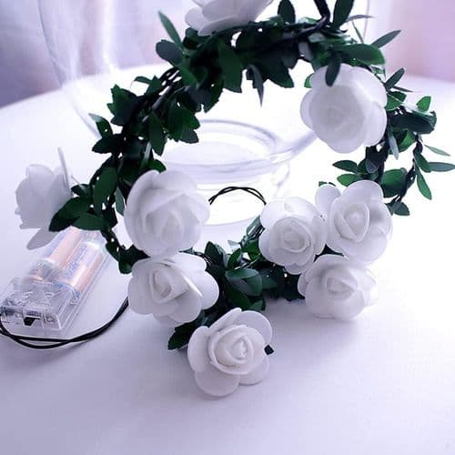 Rose Garland String Lights (3m, 20 LED) - Flower String Lights with Green Leaves
