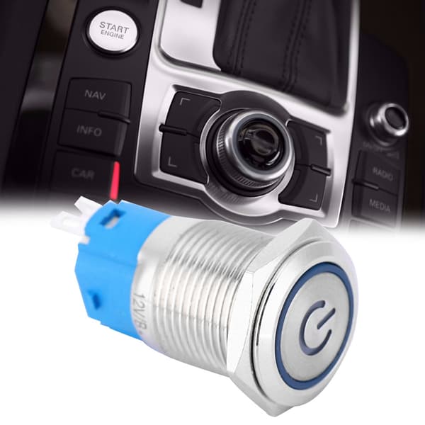 Blå LED Flat Rund Hode Selvtilbakestillende Metall Trykknapp Ring med Strømsymbol 16mm (12V)