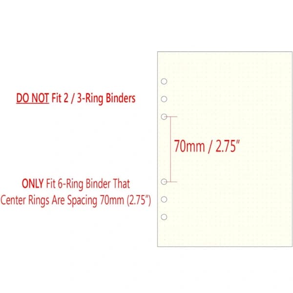 A5 6-hulls ringperm/planlegger refillpapir for Filofax, 6 hull, 45 ark/90 sider, prikket