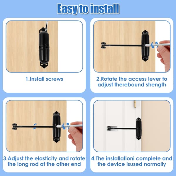 Automatic Double Spring Door Closer, Adjustable Heavy Duty Aluminum Alloy Security Latch for Home Doors, Black
