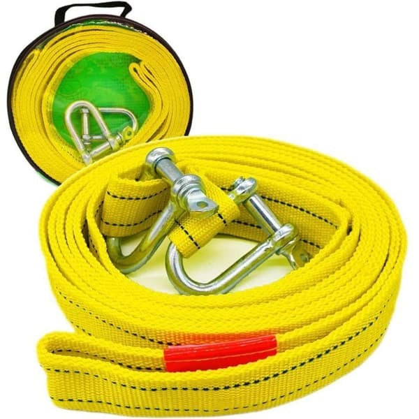 Kraftig bugseringsline med to D-ring sikkerhedskroge til spil, 5 tons kapacitet og 5 m længde..DEBUNS