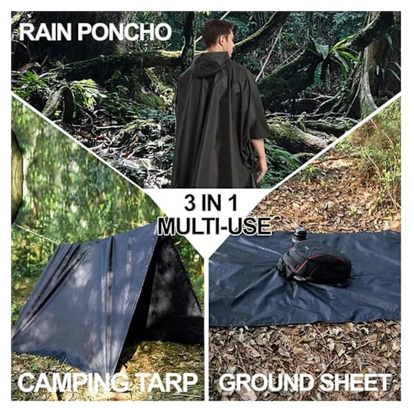 Vedenpitävä hupullinen poncho taskuilla