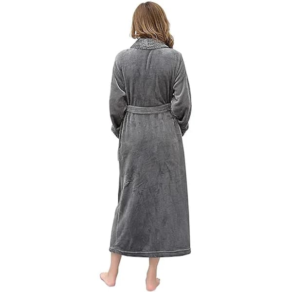 Lång badrock för damer, mikrofiber, varm och fluffig vinterbadrock, saunarock, pyjamas, julklapp - Grå M