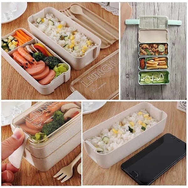 Japanese Bento Box Lunch Box, Reusable 3-in-1 Compartment, Bento Lunch Box Meal Prep Container with Fork, Spoon Khaki